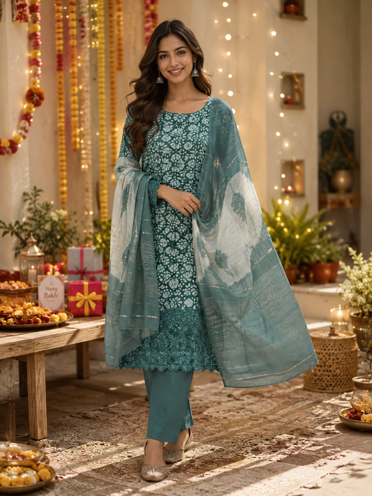 Teal Green Cotton Bandhani Printed Embroidered Suit Set with Muslin Dupatta