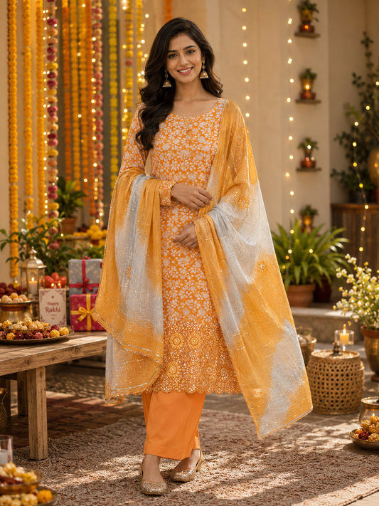 Orange Cotton Bandhani Print Embroidered Suit Set with Muslin Dupatta