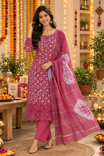 Pink Cotton Muslin Bandhani Border Embroidered Suit Set with Dupatta