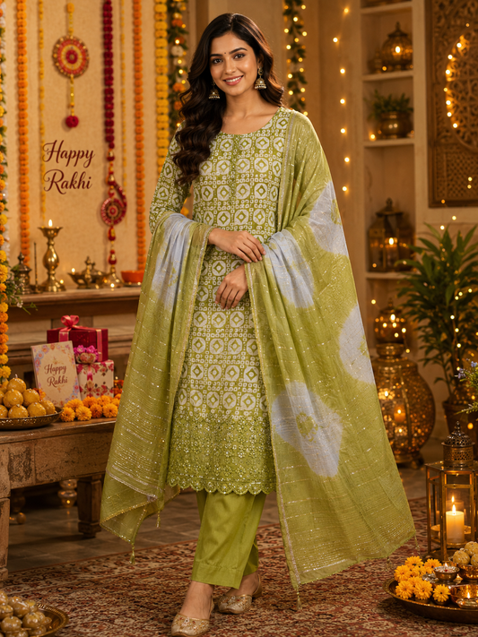 Olive Green Cotton Bandhani Printed Embroidered Suit Set with Muslin Dupatta