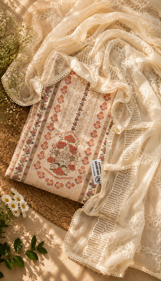Georgette Embroidered Suit Set with Embroidered Border, Shantoon Bottom & Chiffon Dupatta