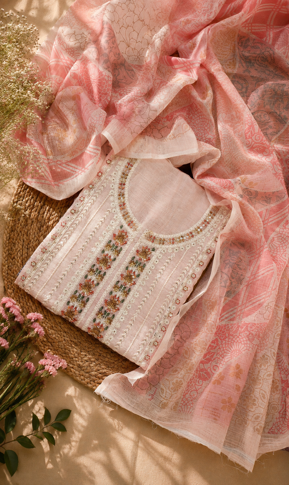 Chanderi Silk Embroidered Floral Suit Set with Pure Cotton Bottom & Chanderi Dupatta