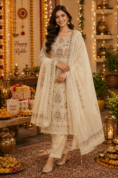 Georgette Embroidered Suit Set with Embroidered Border, Shantoon Bottom & Chiffon Dupatta