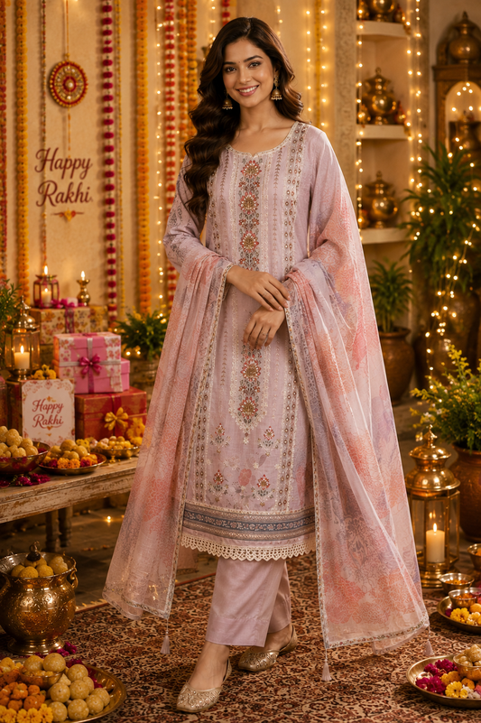 Chanderi Silk Embroidered Floral Suit Set with Pure Cotton Bottom & Chanderi Dupatta