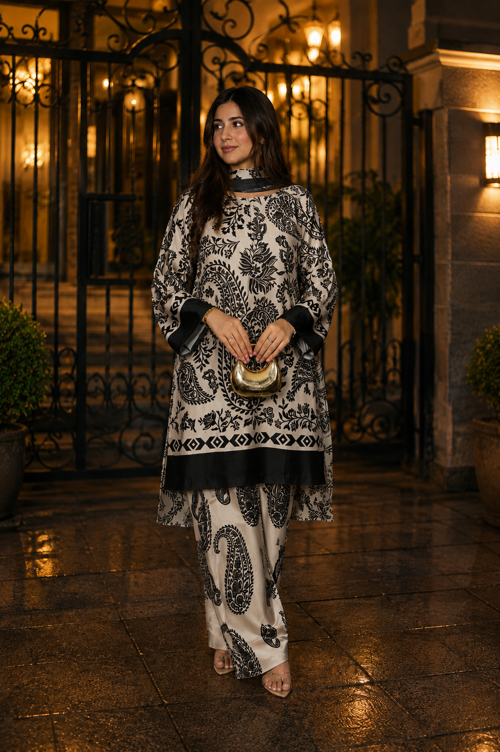Black & White Paisley Printed Armani Satin 3-Piece Farshi Salwar Suit with Georgette Dupatta