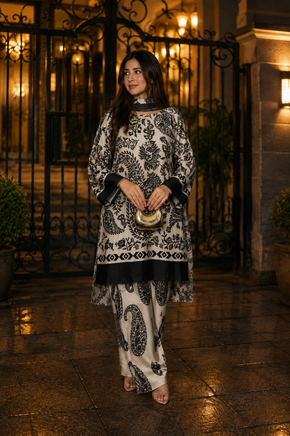 Black & White Paisley Printed Armani Satin 3-Piece Farshi Salwar Suit with Georgette Dupatta