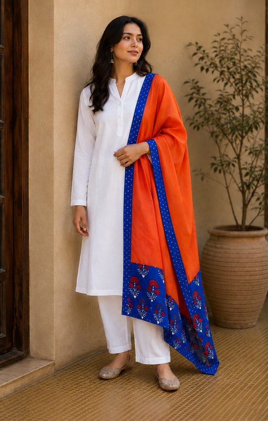 Orange Blue Printed Pure Cotton Suit Set with Dupatta