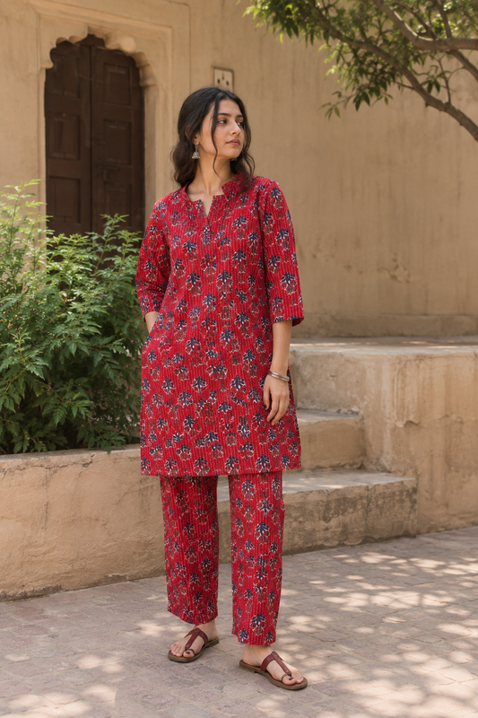 Crimson Floral Kantha Cambric Cotton