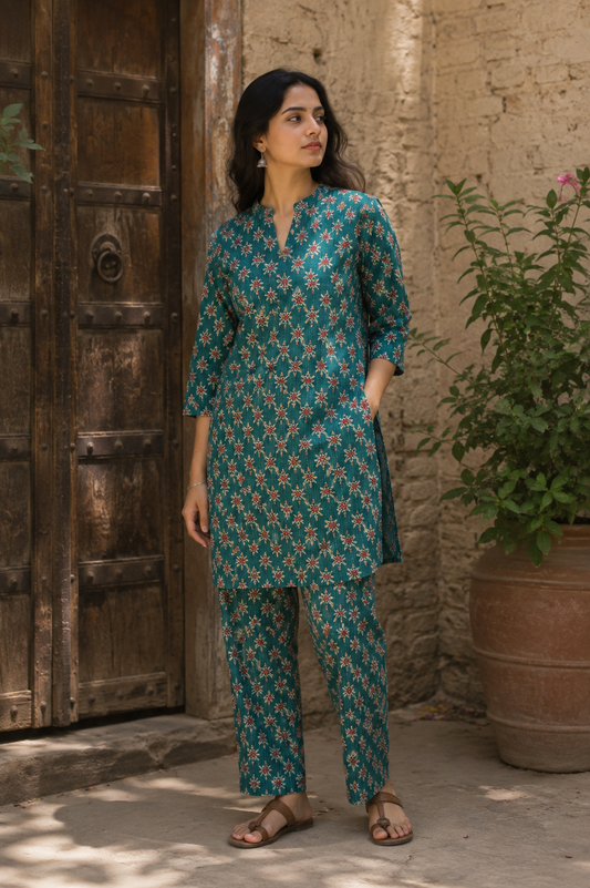 Froest Green Floral With Kantha Cambric Cotton