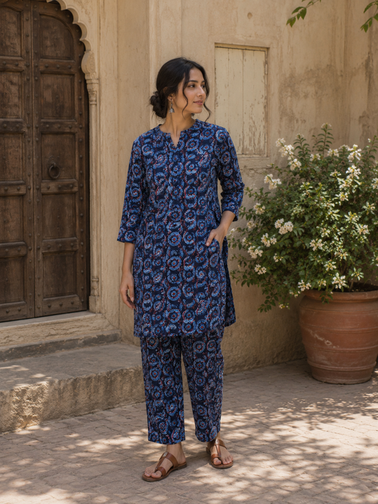 Navy Blue Heritage Paisley Kantha Cambric Cotton