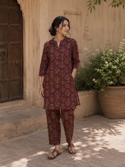 Rust Floral Buta Kantha Cambric Cotton