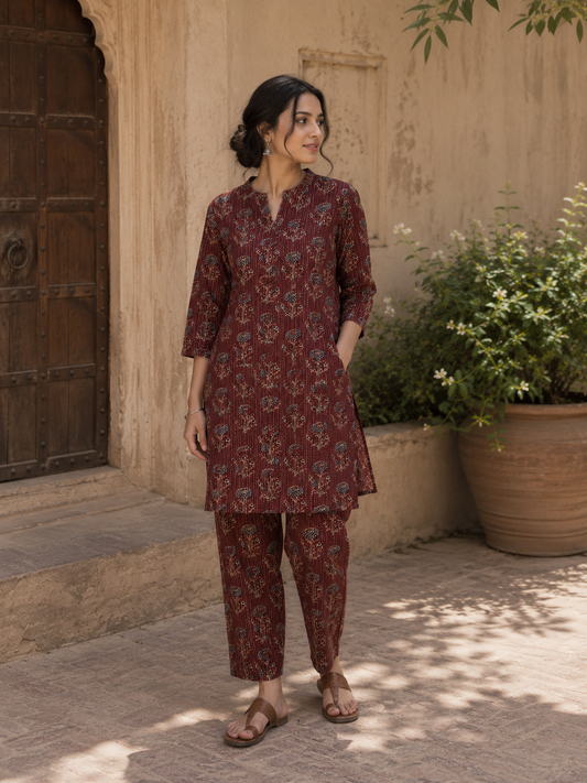 Rust Floral Buta Kantha Cambric Cotton