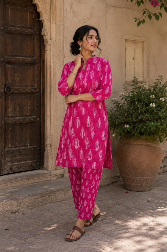 Rani Pink Kantha Work Cotton Suit