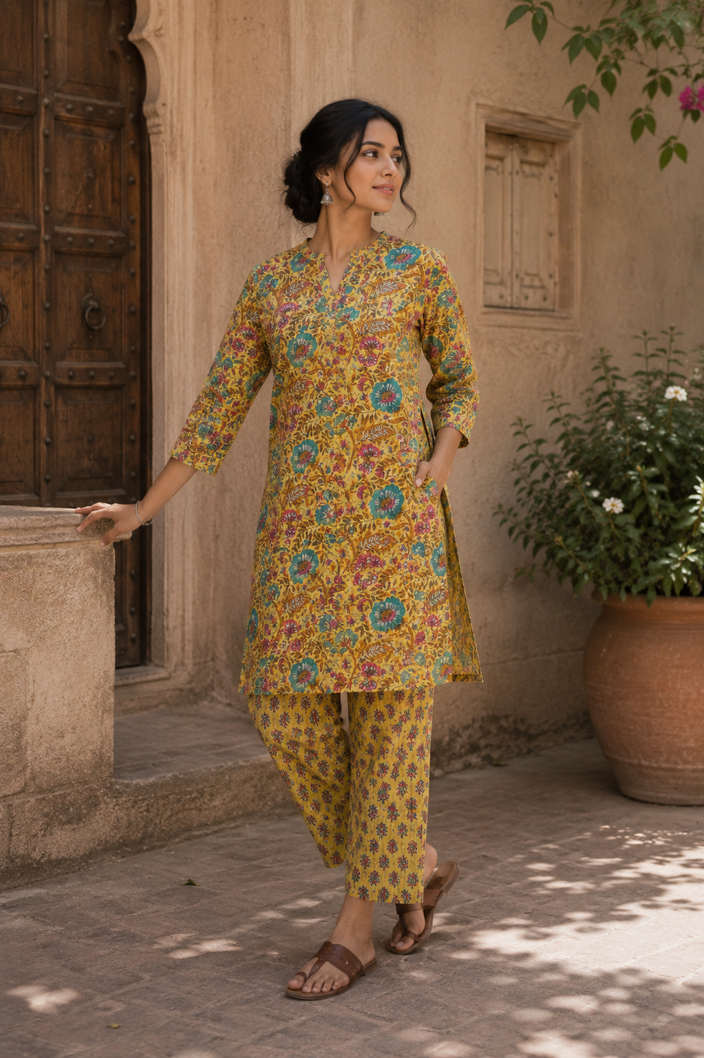Mustard Floral Kantha Cotton Suit
