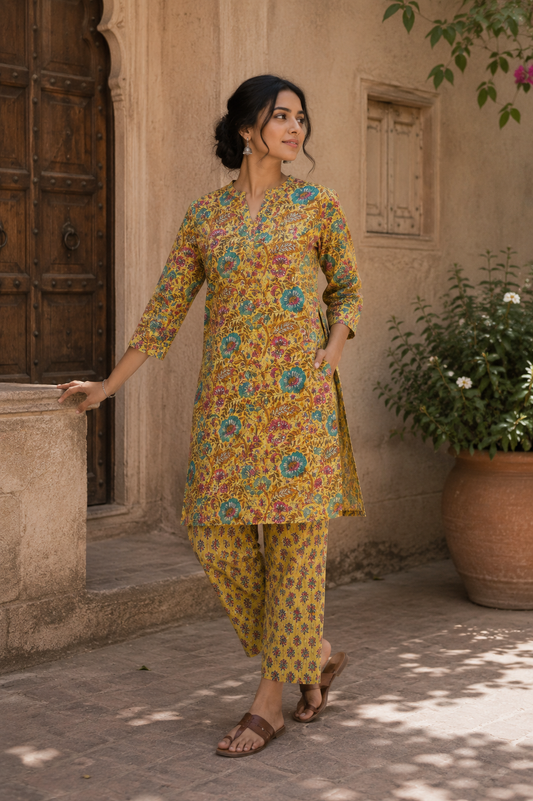 Mustard Floral Kantha Cotton Suit