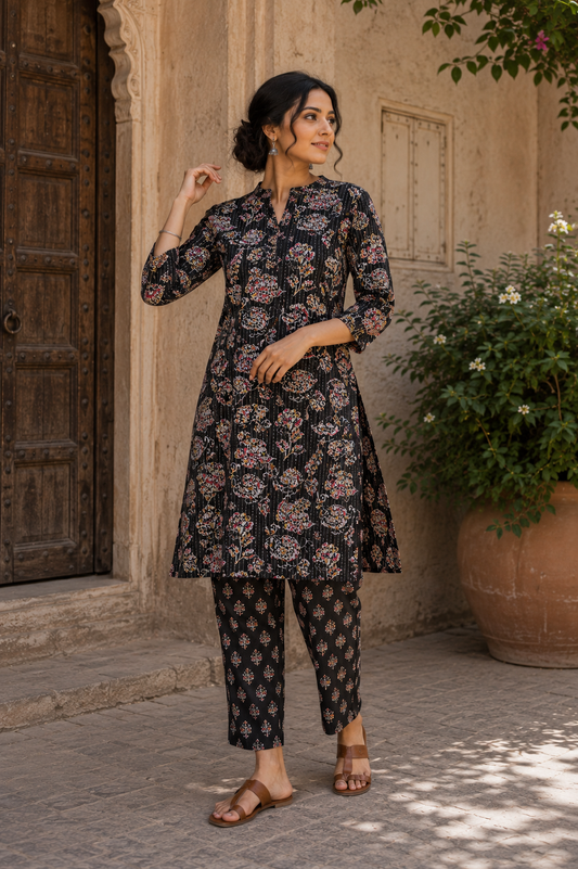 Midnight Floral Kantha Cotton Suit