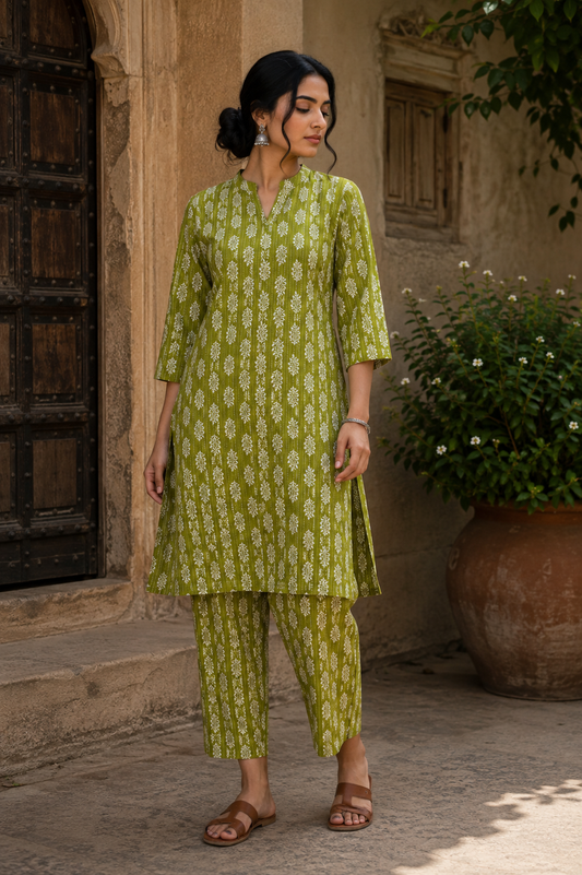 Olive Green Floral Buta Kantha Cambric Cotton