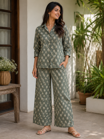 Olive Green Cotton Kantha Print Fabric | 60 Inch Width