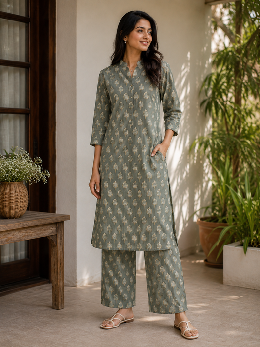 Olive Green Cotton Kantha Print Fabric | 60 Inch Width