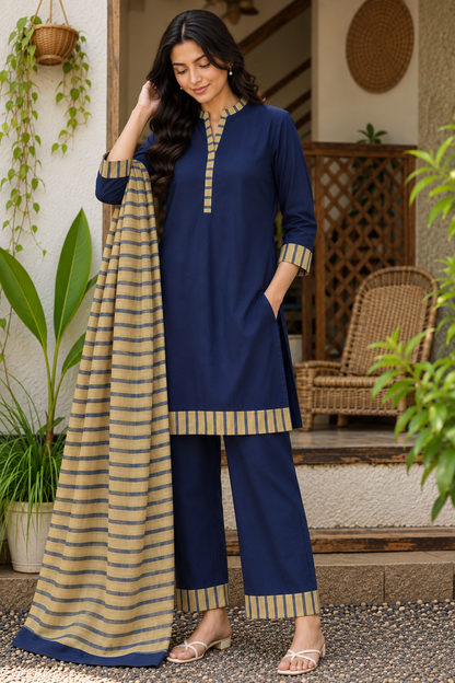 Indigo Elegance Rayon Suit Set with Navy Stripe Mulmul Dupatta
