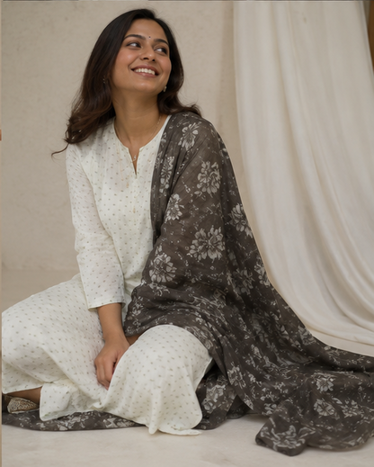 White Cotton Suit Set with Grey FloralChiffon Dupatta
