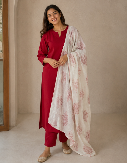 Royal Red Cotton Suit Set with Block Printed  Dupatta