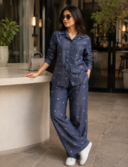 Navy Blue Cotton Denim Fabric with Cherry Embroidery