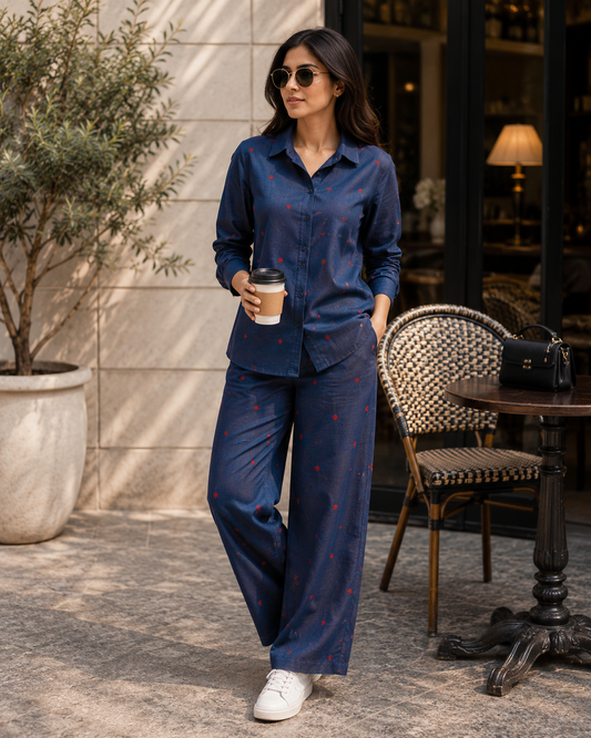 Silky Denim with Red Embroidery Cotton Denim Fabric
