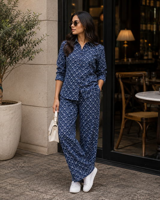 Blue Geometric Pattern Heavy Embroidered Cotton Denim Fabric