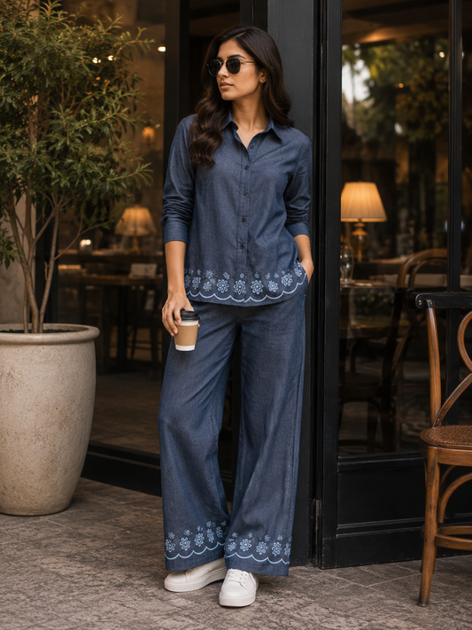 Blue Floral Border Heavy Embroidered Cotton Denim Fabric