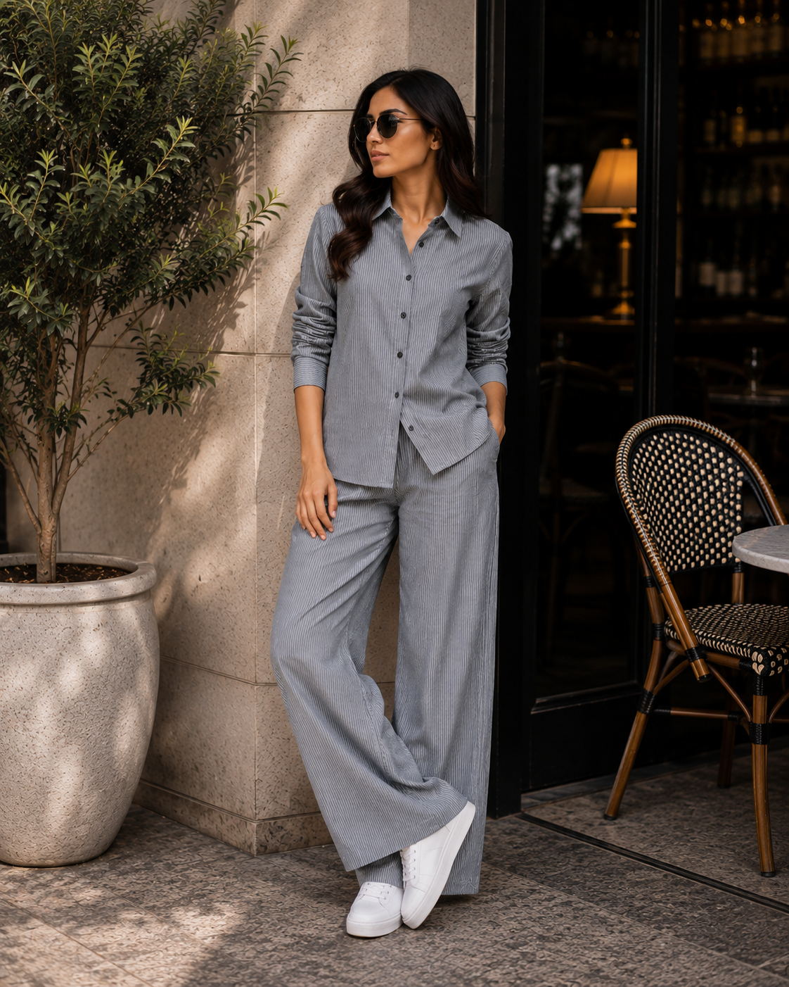 Grey Stripe Print Cotton Denim Fabric