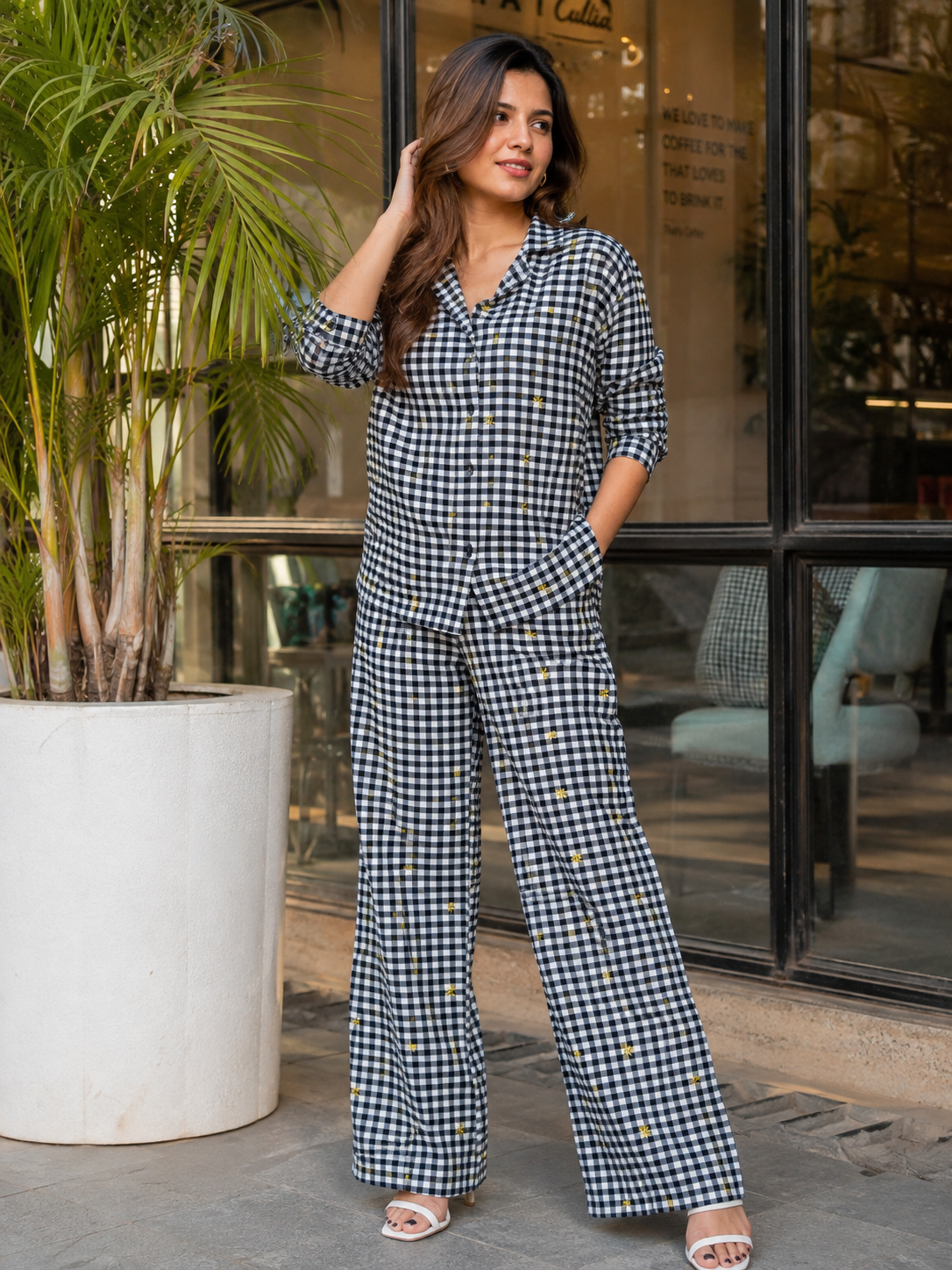 Black Check Embroidered Cotton Fabric