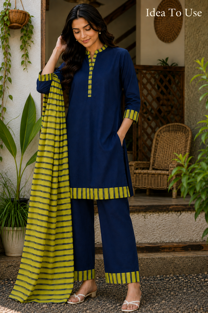 Citrus Elegance Rayon Suit Set With Lime Navy Stripe Mulmul Dupatta