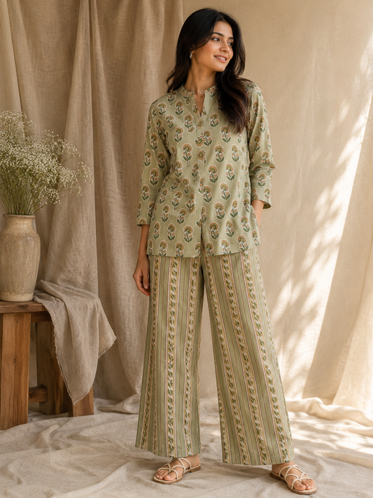 Designer Olive Green Cambric Cotton Kurta Bottom Suit Set | Floral & Stripe Print | 60 Inch Width