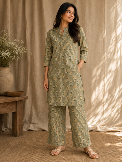 Designer Olive Green Cambric Cotton Kurta Bottom Suit Set | Floral & Stripe Print | 60 Inch Width