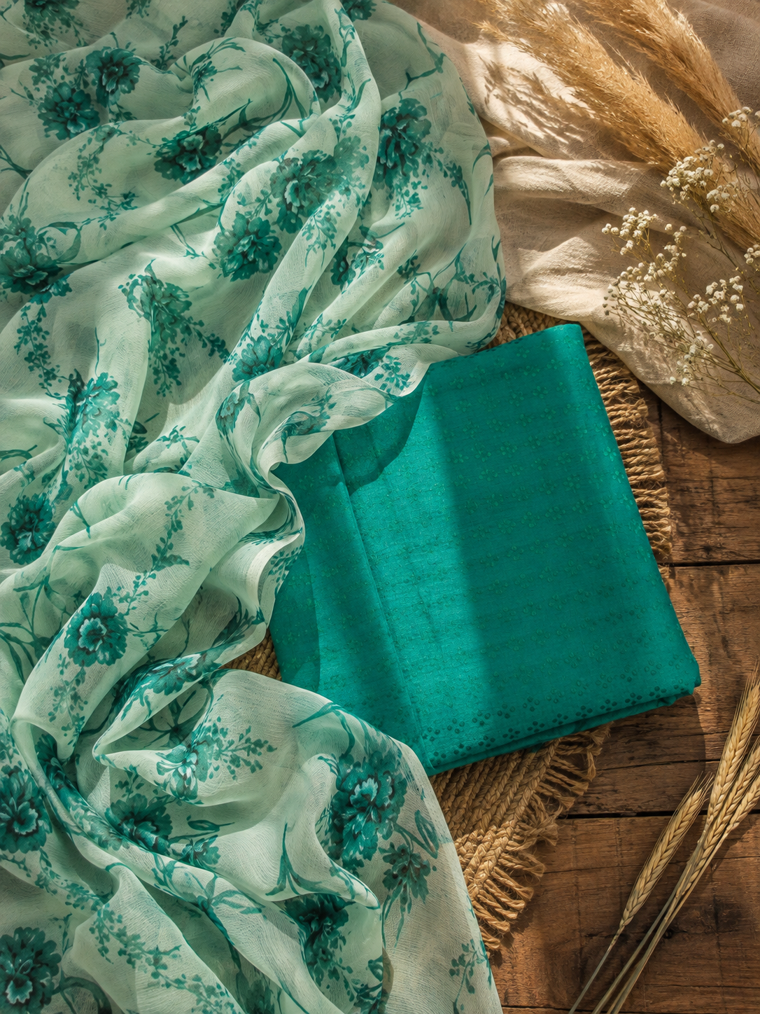 Sea Green Glace Cotton Silk Suit Set with Chiffon Dupatta