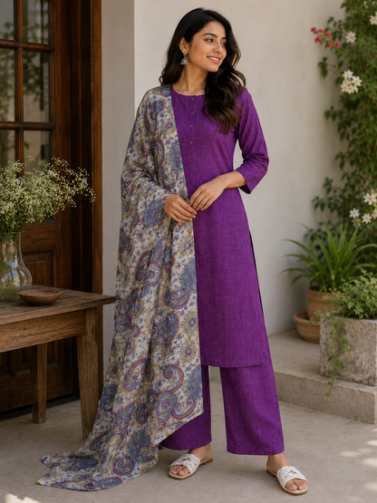 Royal Violet Rayon Cotton Suit Set with Kota Cotton Dupatta