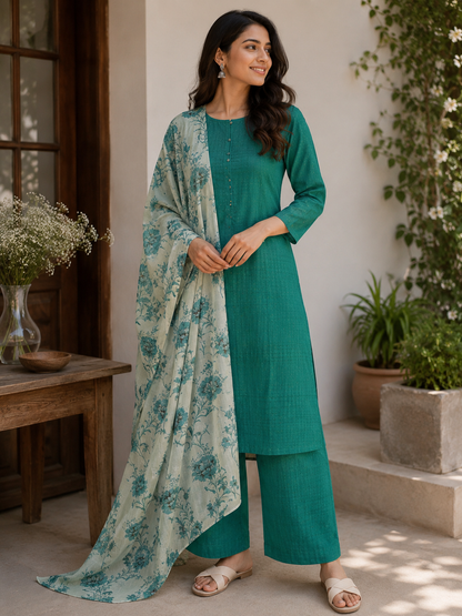 Sea Green Glace Cotton Silk Suit Set with Chiffon Dupatta