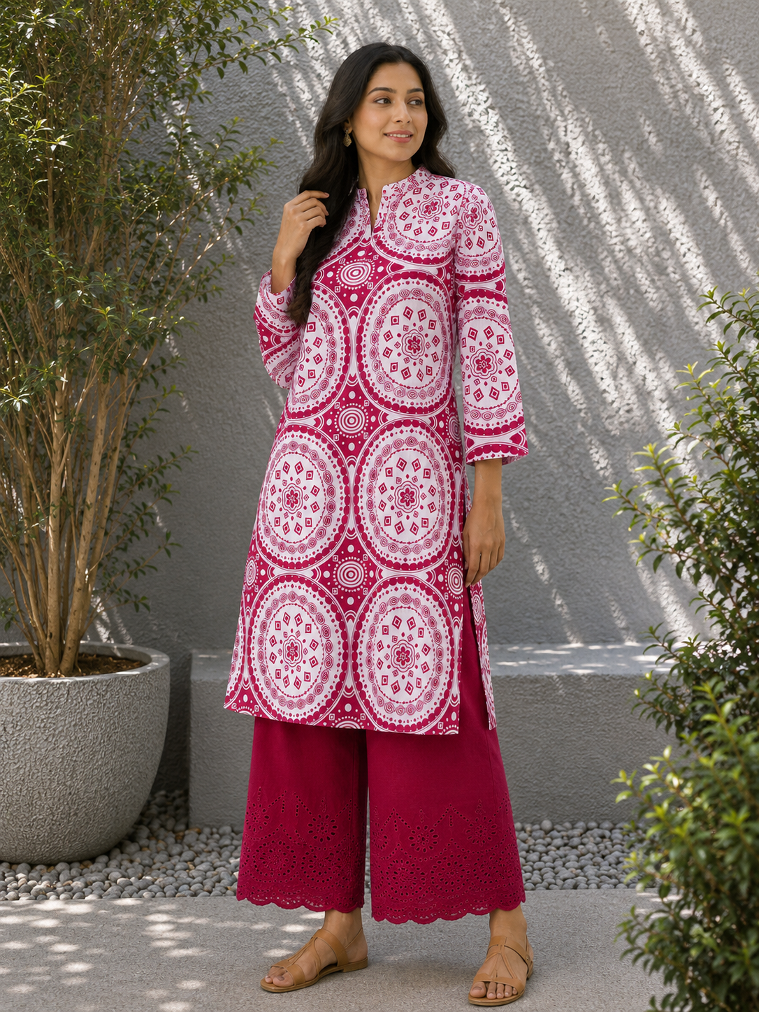 Rani Pink Mandala Print Cotton Suit Set with Chikan Border Bottom