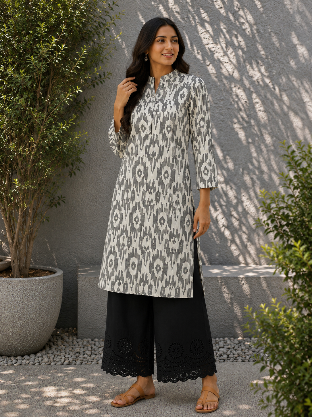 Black & White Ikat Cotton Suit Set with Black Chikan Border Bottom Fabric