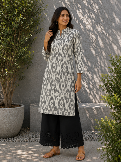 Black & White Ikat Cotton Suit Set with Black Chikan Border Bottom Fabric