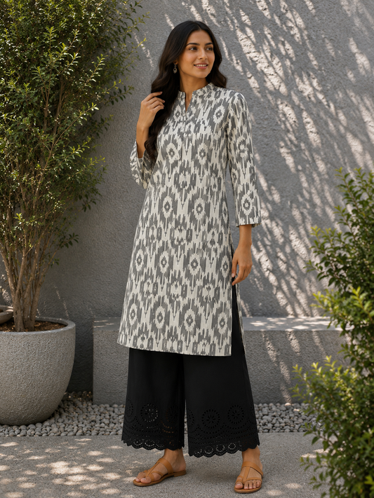Black & White Ikat Cotton Suit Set with Black Chikan Border Bottom Fabric