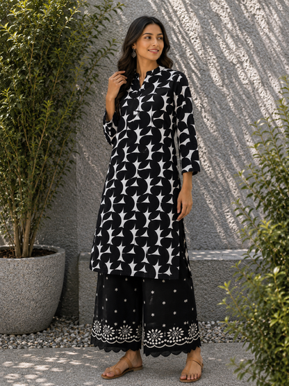 Black & White Geometric Cotton Suit Set with Chicken Border Cotton Bottom