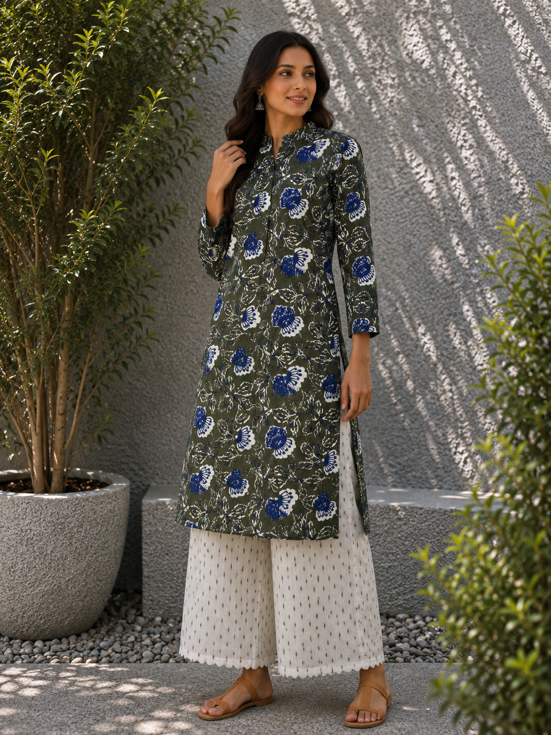 Premium Floral Cotton Suit Set with Textured Plain Bottom