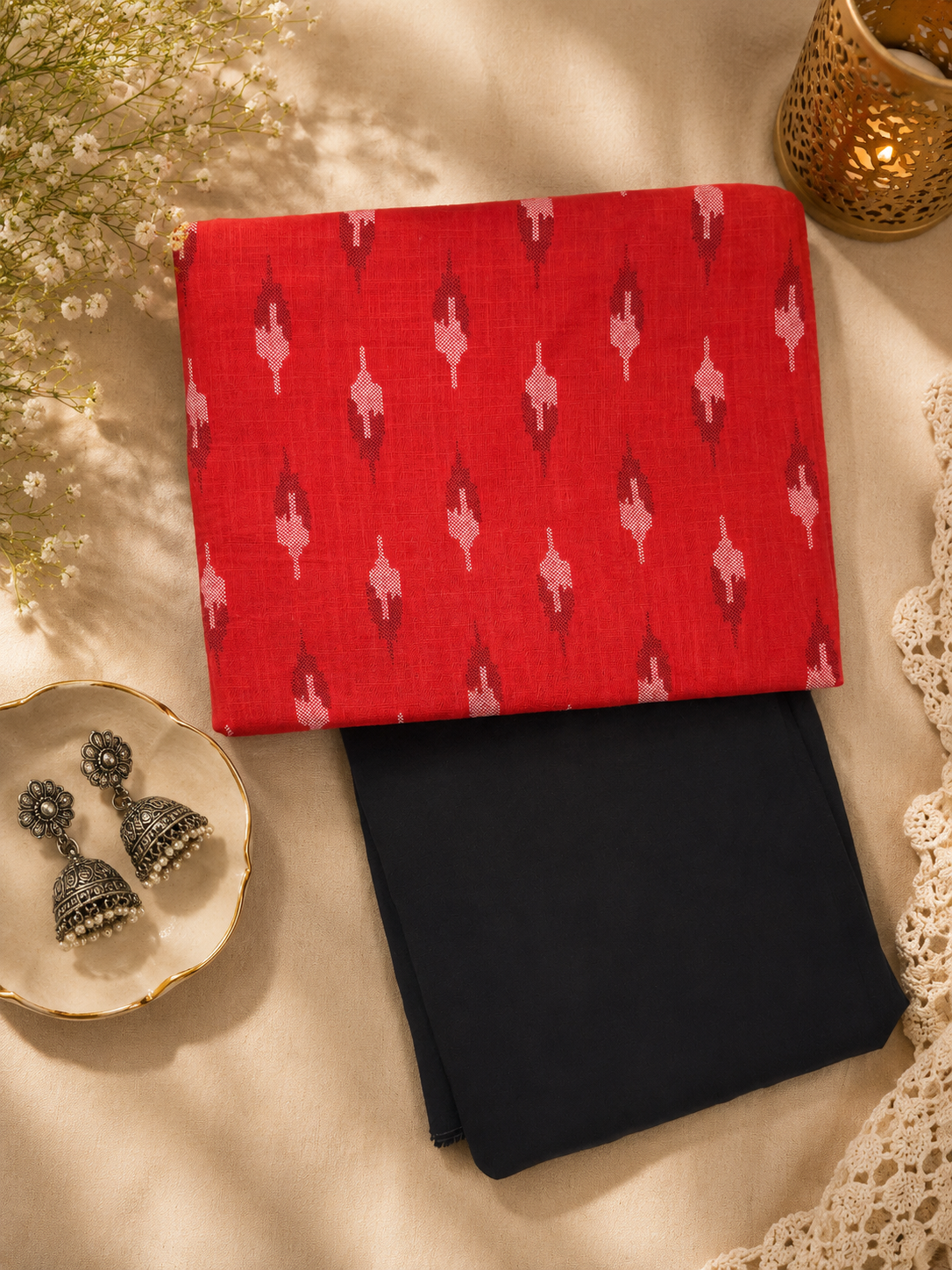 Ruby Red Ikat Cotton Suit Set with Black Bottom