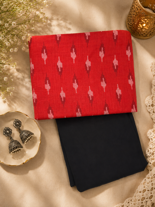 Ruby Red Ikat Cotton Suit Set with Black Bottom