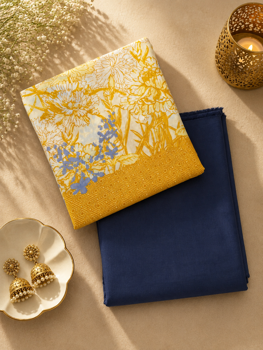 Mustard Blue Floral Garden Cotton Suit Set