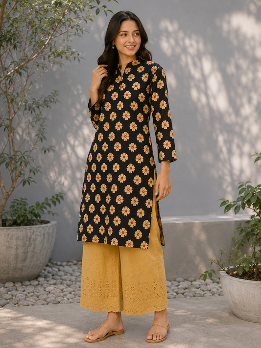 Black Floral Modal Cotton Satin Kurta Fabric with Mustard Cotton Schiffli Bottom Suit Set