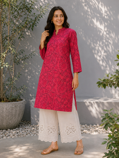 Pink Floral Cotton Kurta Fabric with White Cotton Schiffli Bottom Suit Set