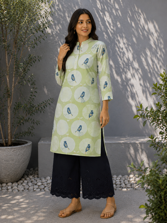 Navy Blue Cotton Poplin Schiffli Bottom with Cotton Linen Printed Kurta Fabric Suit Set